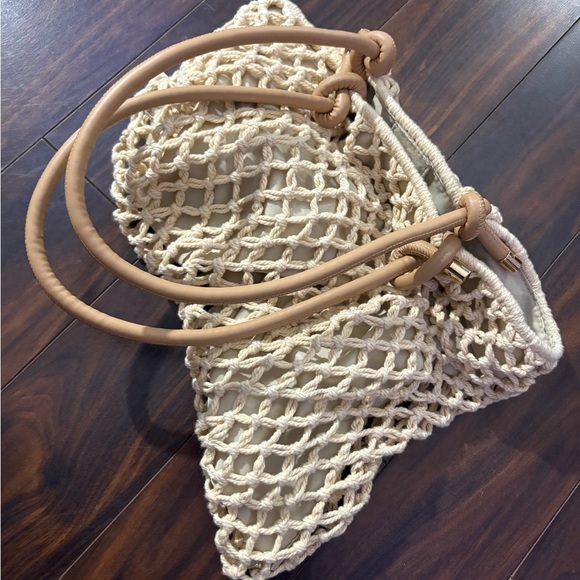 Sol Mer Women’s Woven Net Tote Bag Macrame Style with Lining & Leather Handles - Picture 3 of 5